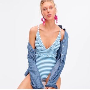 J Crew size 2 blue white stripes plunging neckline 1 piece swim suit